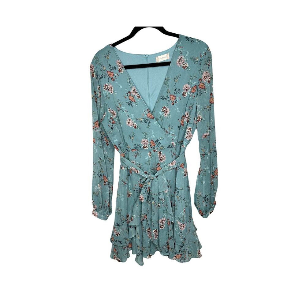 Altard State Dress Womens L Aqua Green Pink Floral Ruffle V-Neck Puff Sleeve EUC